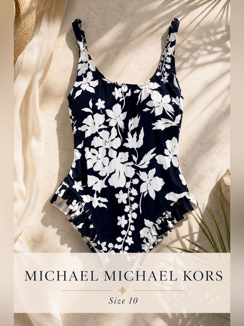 Michael Michael Kors Navy White Floral Ruffle One-Piece Swimsuit Size 10 NWT